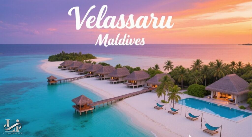 An aerial view of Velassaru Maldives resort at sunset. The image shows a long row of thatched-roof bungalows on a white sand beach with palm trees. The beach and a wooden pier extend into a brilliant turquoise lagoon. On the right, a private villa has a pool and hammocks hanging over the water, all set against a sky of soft pink, orange, and purple hues.