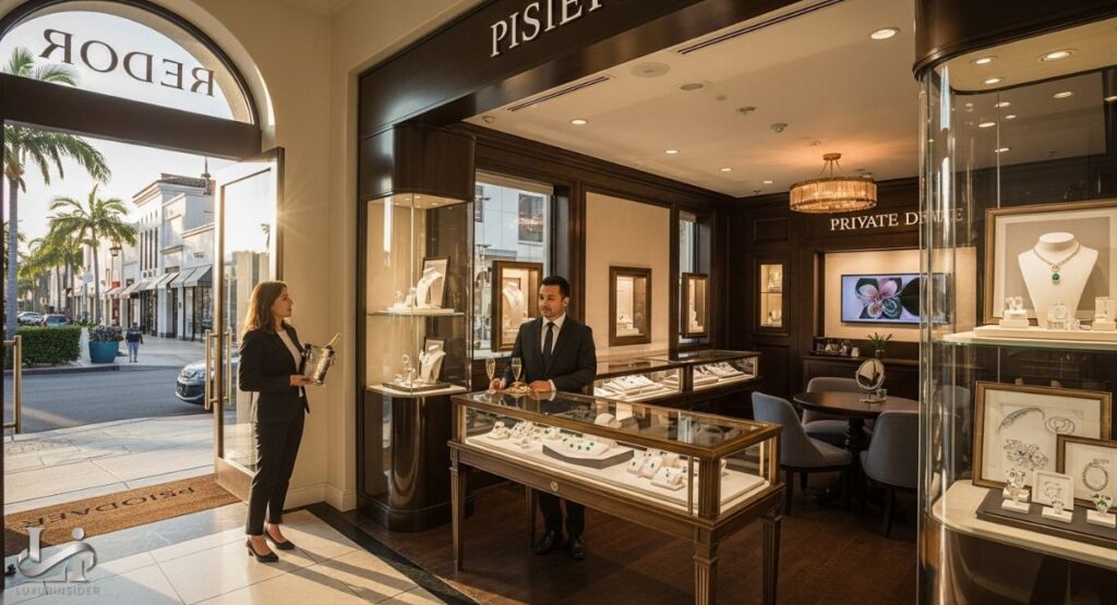 The interior of a high-end jewelry store, featuring a man and woman standing near a display case with green emerald jewelry. The man in the foreground is holding a glass of champagne, and another woman in the background, a sales associate, is holding a bottle of champagne.