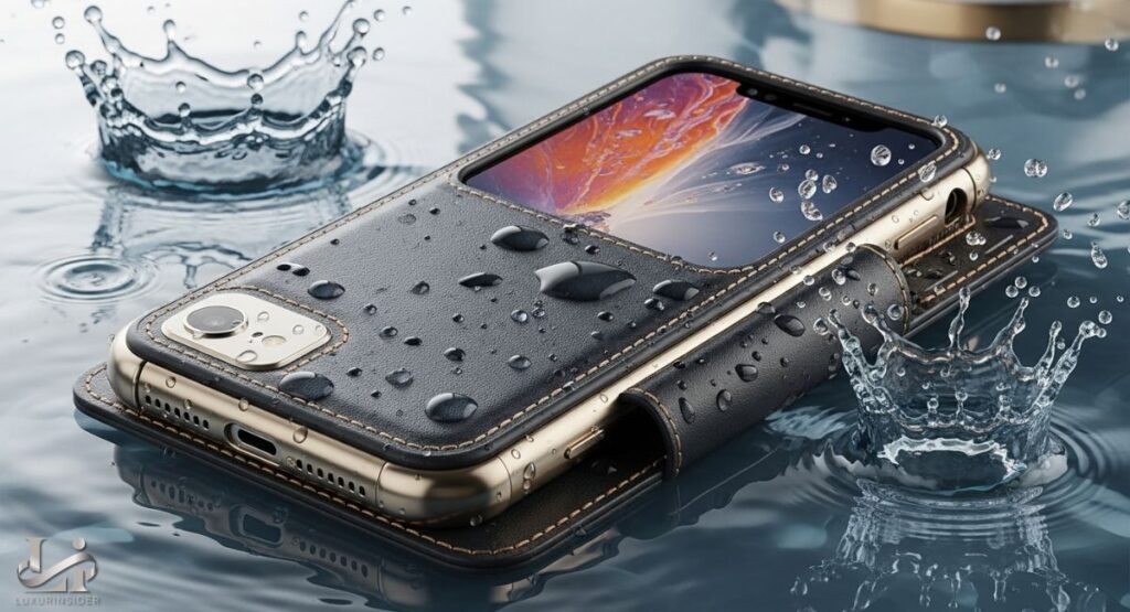 A close-up shot of a black and gold luxury phone case with a wallet flap, lying in a puddle of water. Water droplets are beaded on the surface of the case, and a few small splashes of water are visible. The phone inside the case is turned on, displaying a colorful screen.