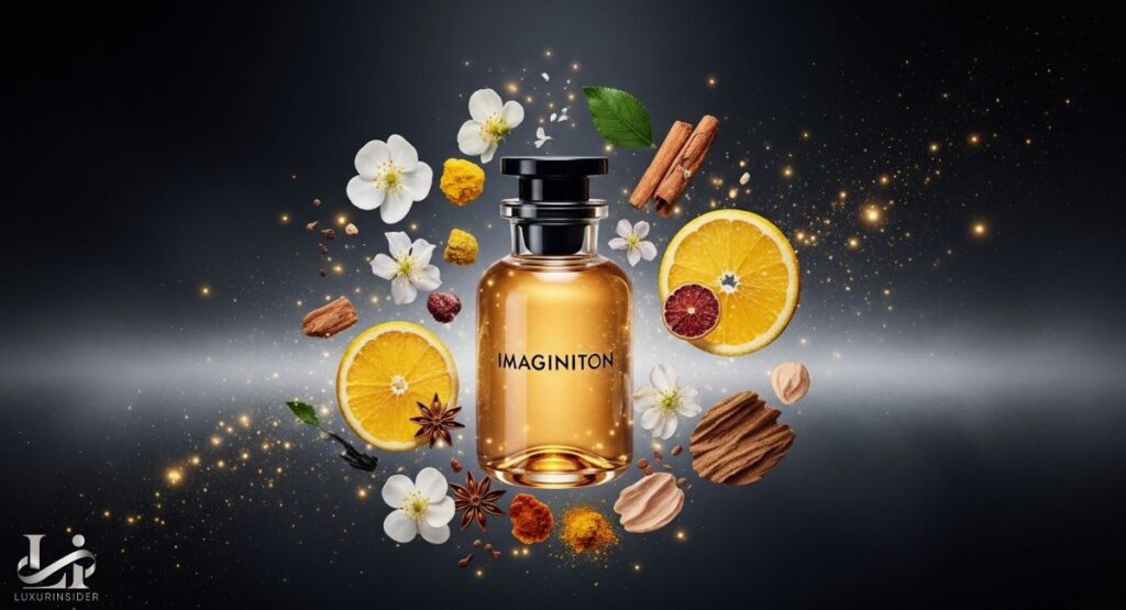 A bottle of Louis Vuitton Imagination perfume with ingredients like citrus slices, cinnamon sticks, star anise, and flower blossoms orbiting it in a magical, glittering presentation.