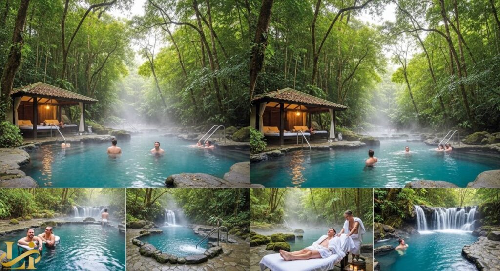 A collage of images showcasing the different pools and waterfalls at Tabacon Hot Springs in Costa Rica, featuring people soaking in the thermal waters amidst a lush rainforest setting, including a spa treatment area.