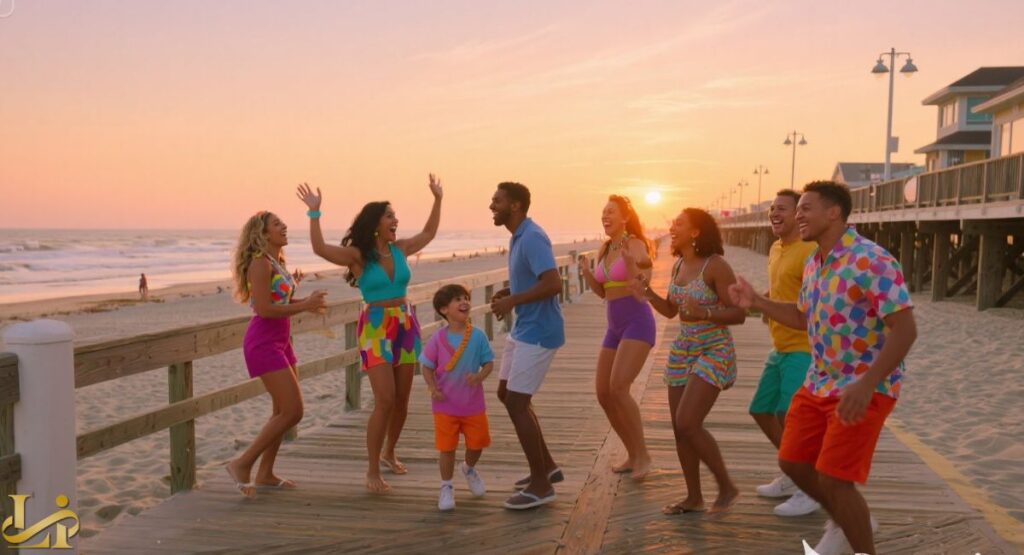 Jersey Shore Family Vacation: A diverse group of friends and a small child are dancing and laughing on a beach boardwalk at sunset, with a pier and the ocean in the background.