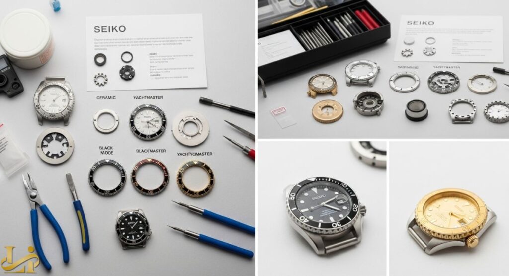 A split image showing the components and tools for building a Seiko Yacht-Master mod watch. The left side displays various bezel inserts (ceramic, black, Yachtmaster style) and watch tools. The right side shows watch cases, various metal parts, and two completed watch heads (one silver/black, one gold).