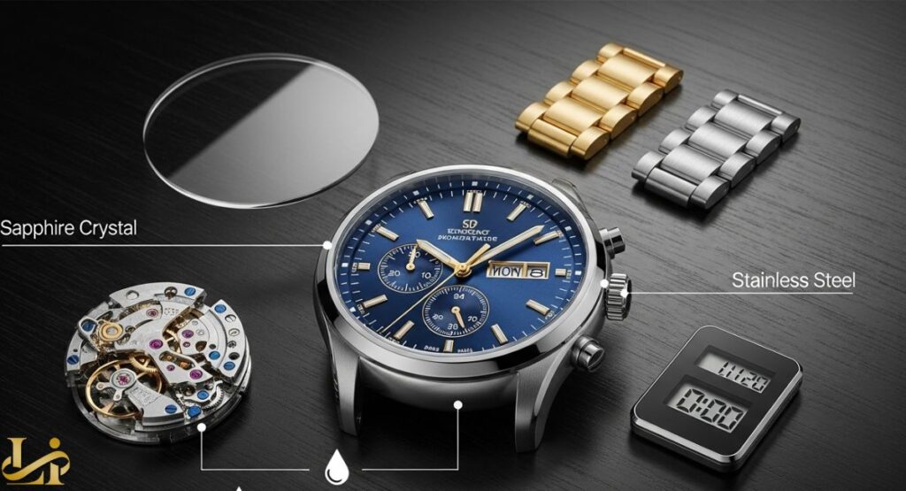 A detailed flat lay of a blue dial luxury men's chronograph watch surrounded by its key components, including a sapphire crystal, stainless steel bracelet links (gold and silver), and a visible mechanical watch movement. Text labels point to "Sapphire Crystal" and "Stainless Steel".