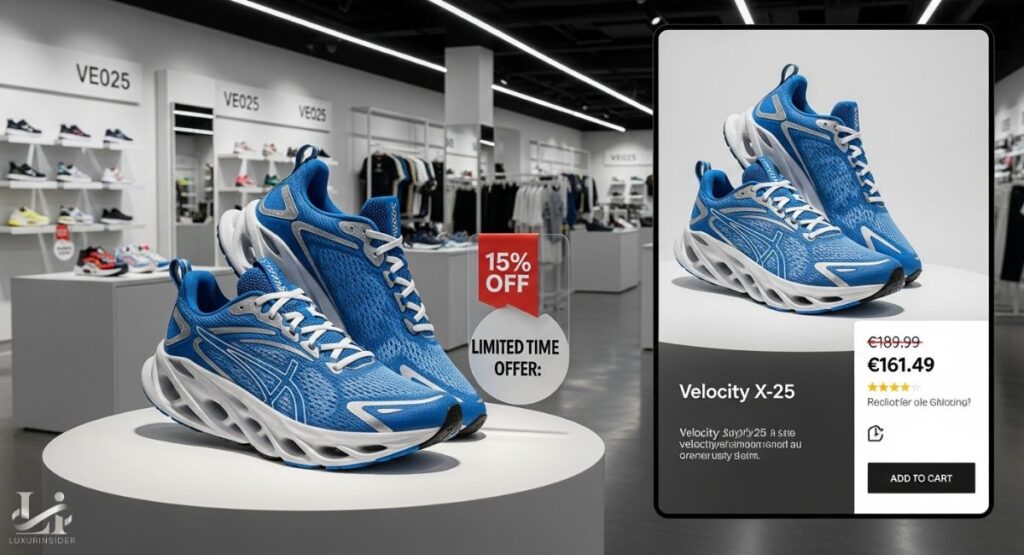 A flat lay photograph featuring three pairs of "On" athletic shoes in black, white, and gray. They are arranged on a light surface alongside a smartphone and a tablet, with the tablet screen displaying an online store or product page.