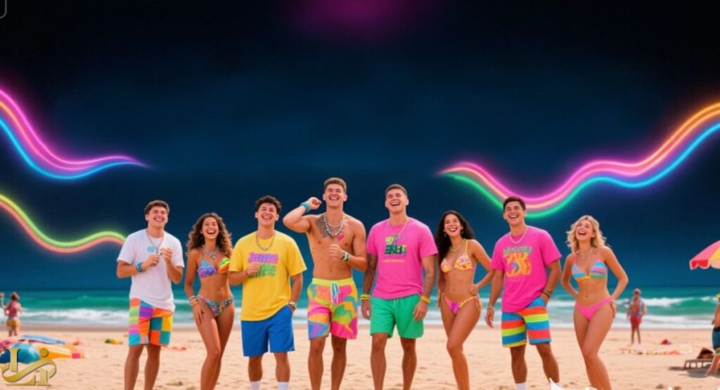 A group of young adults, wearing brightly colored, retro-style swimwear and t-shirts, stand on a beach under a dark sky with neon-colored wavy lines arching above them.