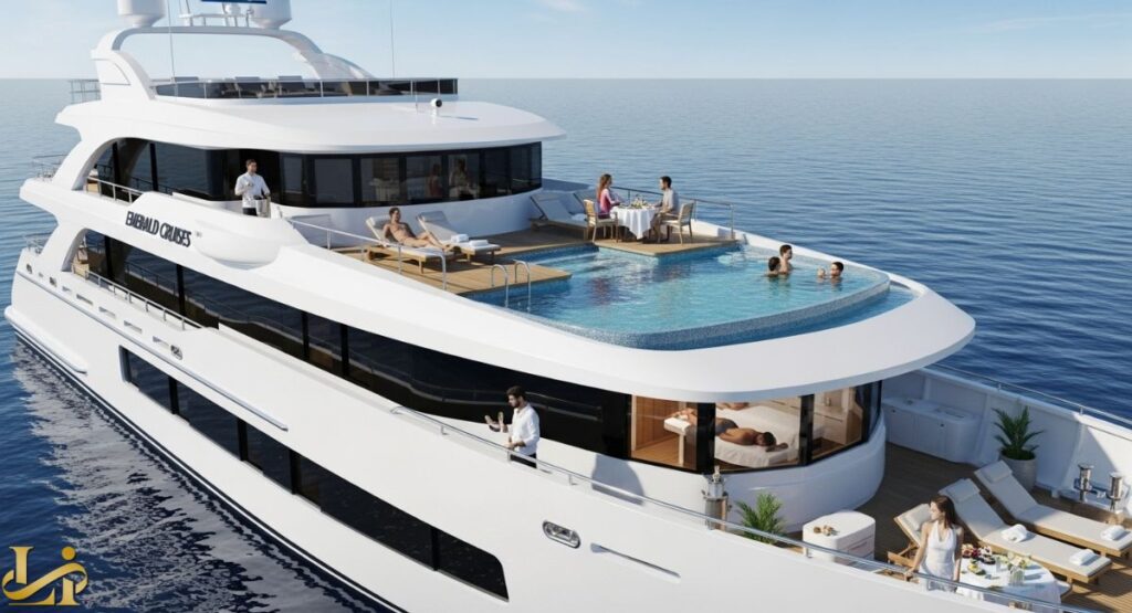 Emerald Cruises : An elevated, side-view shot of a white luxury yacht at sea, featuring an infinity pool on the top deck with guests relaxing and swimming, and private lounge areas below, highlighting the vessel's upscale amenities.