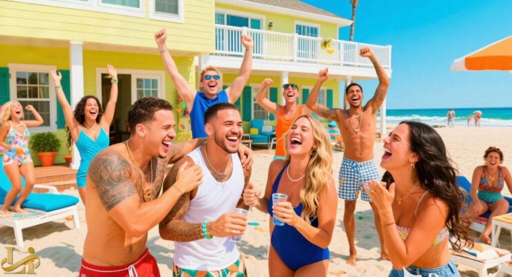 A large, happy group of young adults cheering and laughing on a sunny beach in front of a bright yellow beach house, suggesting a celebration or party scene.