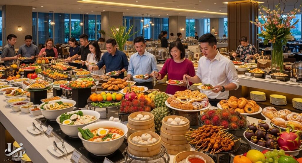 1-for-1 buffet : A lively and elegant buffet in a modern restaurant. The long buffet table is filled with an impressive variety of Asian and international food, including fresh fruits like rambutan and mangosteen, dim sum in steamers, skewered meats, and various hot dishes. A group of people are seen smiling as they serve themselves from the abundant spread.