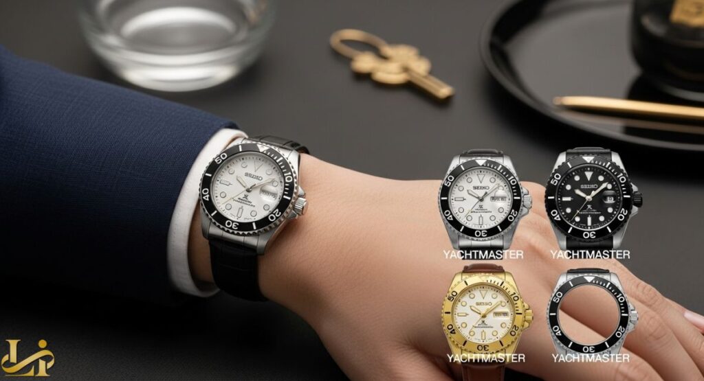 A hand wearing a Seiko watch with a white dial and black/silver Yacht-Master style bezel on a black leather strap, displayed next to three other popular Seiko Yacht-Master mod styles (white dial/steel, black dial/black bezel, gold dial/gold bezel) and a loose bezel insert.