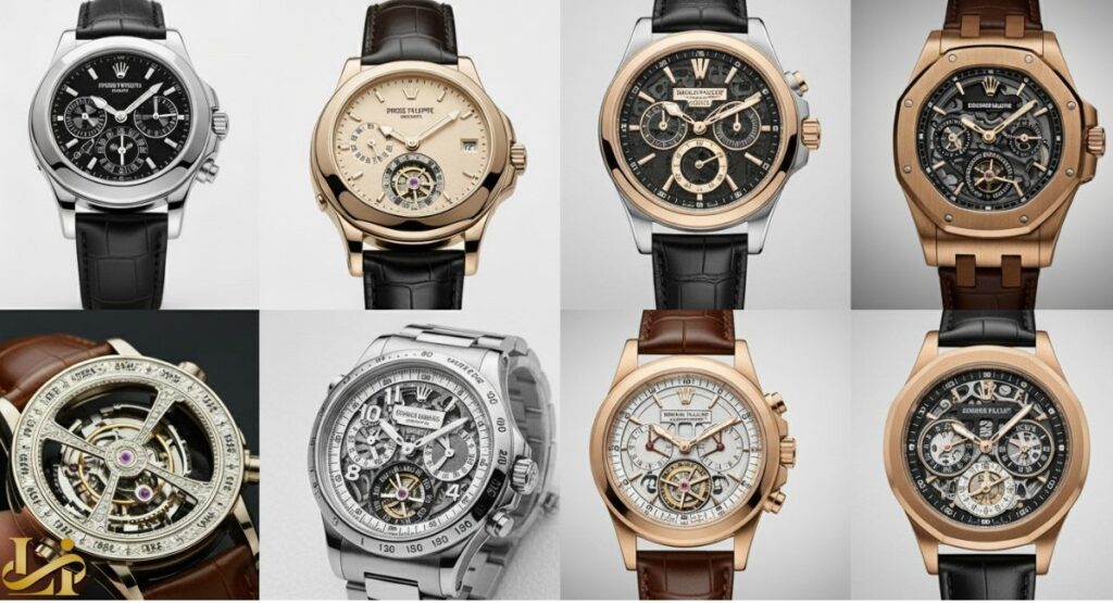 A grid of eight luxury men's watches, including chronographs and timepieces with complex visible movements, in various materials like gold and stainless steel with leather and metal straps, representing high-end watch brands and their premium price points.