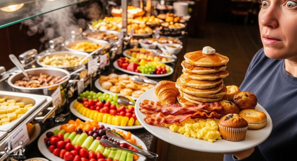 A person's face, with wide eyes, is visible on the right side of the image, holding a plate stacked high with an enormous quantity of breakfast food. On the plate are a towering stack of pancakes with a pat of butter, several strips of bacon, two croissants, and muffins. In the background, a large buffet is filled with a variety of food, including fruit platters, pastries, and hot dishes in chafing pans. The scene highlights the temptation and abundance found at a buffet.
