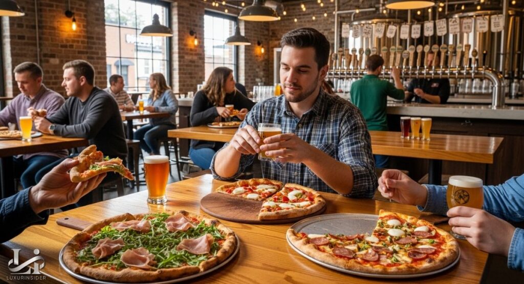 A group of people at a long wooden table in a rustic brewery enjoying pizza and craft beer. The table is set with multiple pizzas and glasses of beer, with a beer tap wall visible in the background.