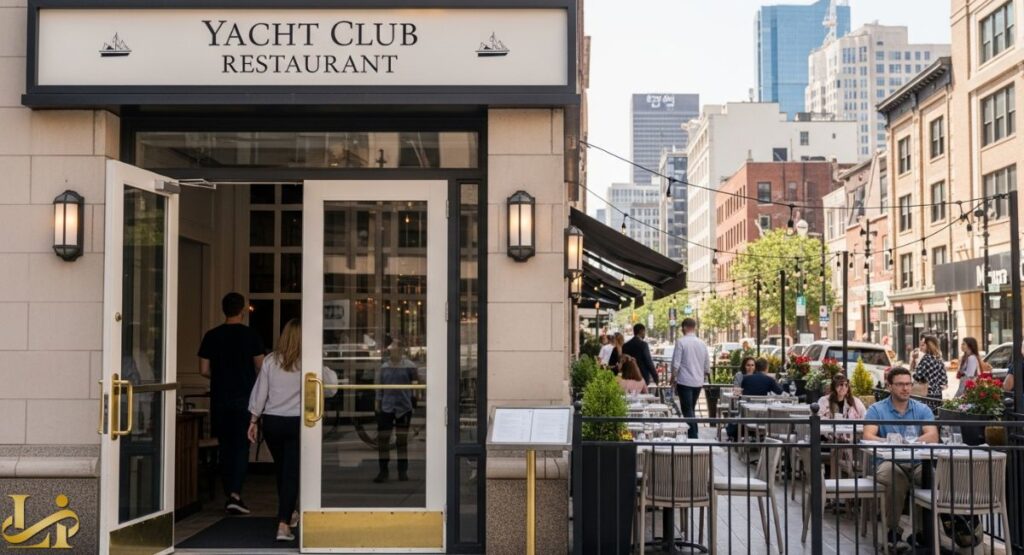 A street-level photo of the exterior of a building labeled "YACHT CLUB RESTAURANT," featuring large ground-floor windows and a street scene that includes a red light post and the top of a yellow street sign.