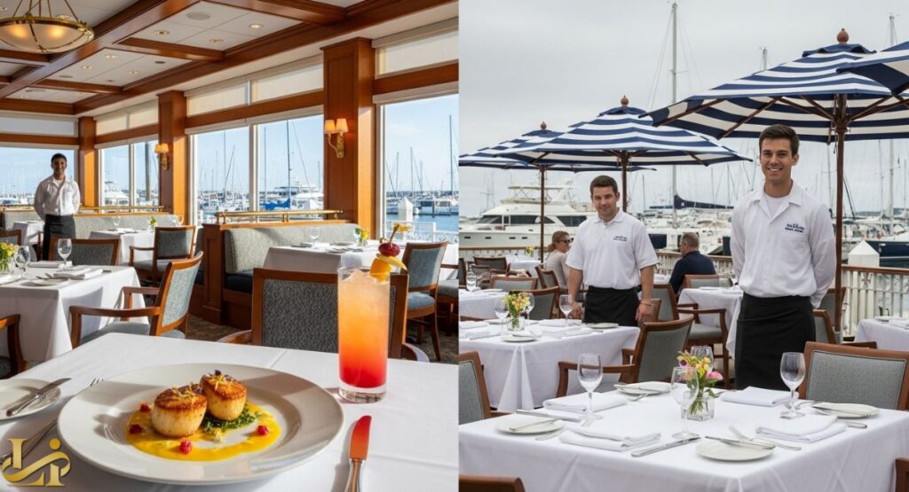 A split image comparing two fine dining settings at a marina: the left shows an elegant indoor dining room with large windows overlooking yachts, and the right shows an outdoor patio dining area with white tablecloths and blue-and-white striped umbrellas, staffed by waiters in white polo shirts.