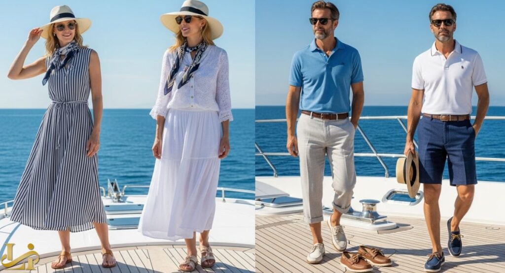A split image showing two couples on a yacht deck, demonstrating elegant nautical fashion. On the left, two women wear striped and white maxi dresses with straw hats. On the right, two men wear polo shirts and tailored shorts or linen pants.