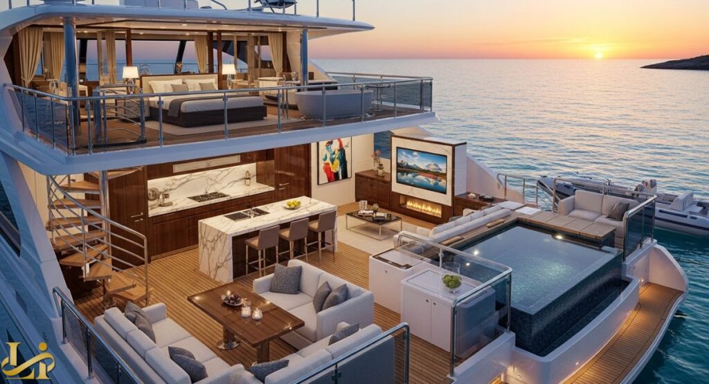 An evening view of a luxurious, multi-story yacht house deck with high-end amenities, including an infinity-edge plunge pool, an outdoor living room with a fireplace and television, a marble kitchen island, a dining area, and a large upper-deck bedroom with a private balcony, all overlooking a sunset over the ocean.