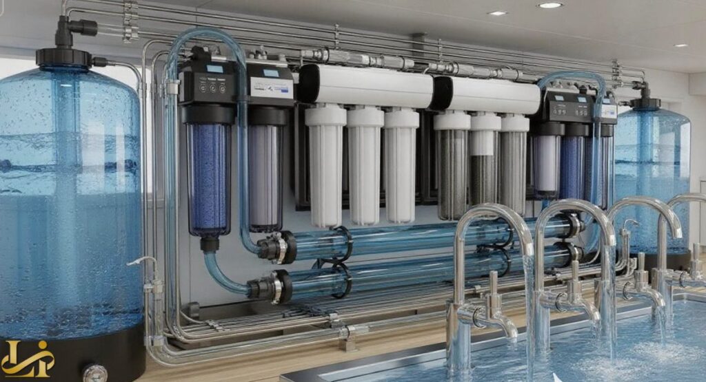 A detailed, illustrated diagram of a multi-stage yacht mineral water system, showing large blue transparent tanks, multiple vertical white and dark filters, clear horizontal piping, and a row of elegant, functional faucets over a sink, all within a clean, modern interior space.