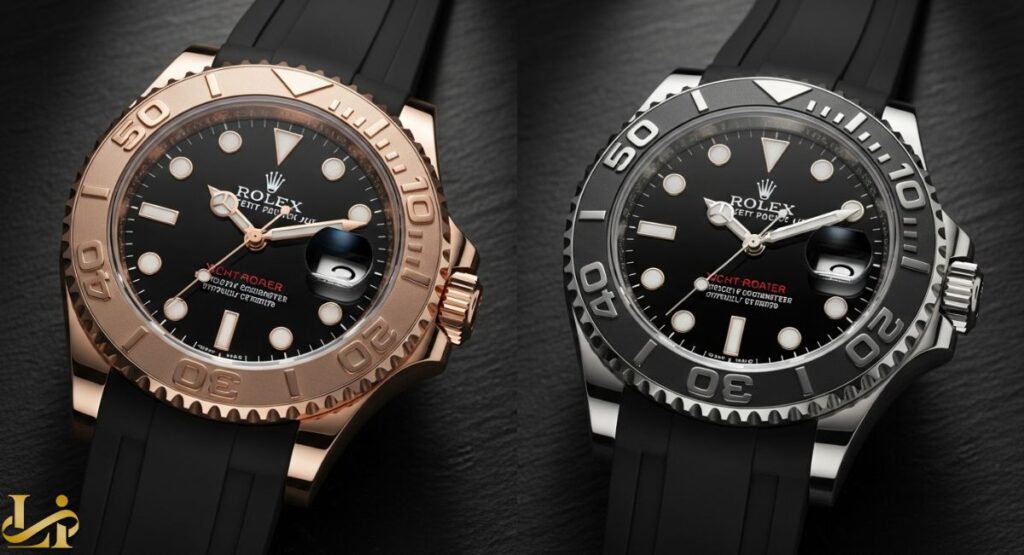 A split image close-up of two Rolex Yacht-Master watches on Oysterflex straps. The left watch is an Everose gold model (Ref. 116655), and the right watch is a white gold model (Ref. 226659), both featuring black ceramic bezels, black dials, and highly legible markers.
