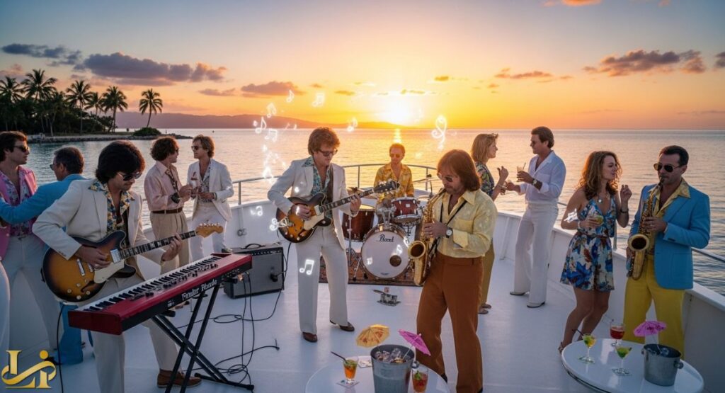 A lively, costumed band and guests are performing and partying on the deck of a yacht at sunset, which is a classic scene associated with the Yacht Rock music genre.