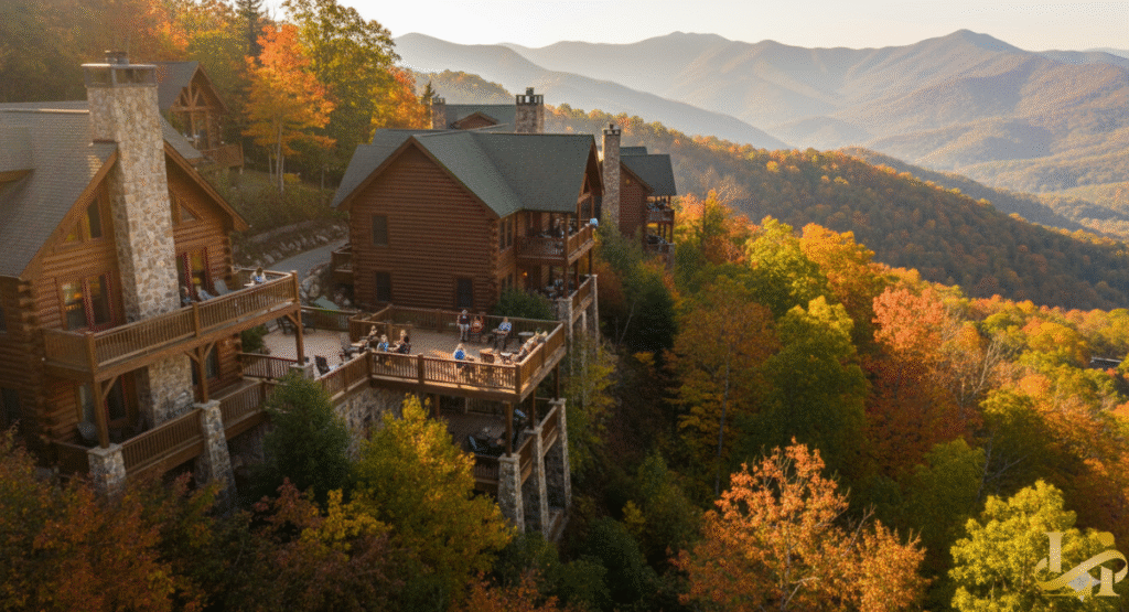 An stunning aerial view of luxury log cabin vacation rentals built on a steep ridge, featuring multiple stone chimneys and wooden decks. The cabins are surrounded by trees displaying vibrant autumn foliage, with layers of rolling Smoky Mountains disappearing into a hazy distance at sunset.
