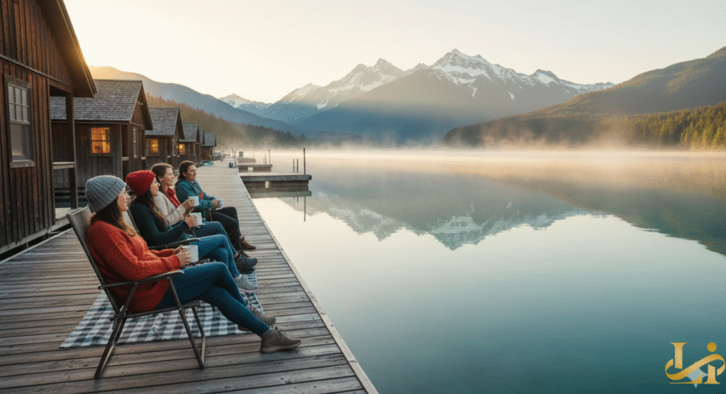 A group of friends enjoys a serene sunrise on the wooden dock of a floating cabin, sipping coffee and looking out over a misty, tranquil lake surrounded by towering mountains and evergreen forest, capturing a peaceful morning at Ross Lake Resort in the North Cascades.