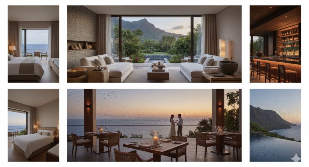 A collage of six luxury images from Auberge Resorts Collection, showcasing lavish accommodations including ocean-view bedrooms, a suite opening onto a private pool and mountainous landscape, an upscale bar, a romantic outdoor dinner at sunset, and an infinity pool overlooking a tropical cliffside.
