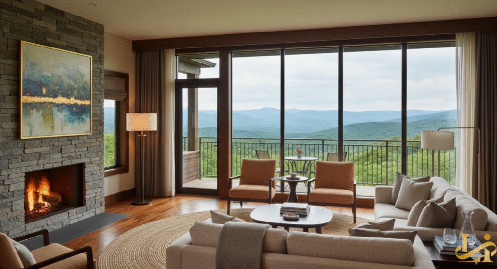 A luxurious living area in an accommodation at Primland Resort, featuring a warm, stone fireplace, modern furnishings, and large glass doors opening to a balcony with a panoramic view of the wooded, rolling mountains.