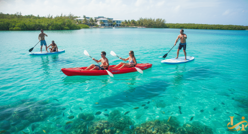 Four people enjoy water sports in incredibly clear turquoise tropical water near a lush mangrove area and resort buildings. Two paddleboarders and a couple in a red kayak are visible, with many small fish swimming beneath them, highlighting the excellent conditions for water adventures.