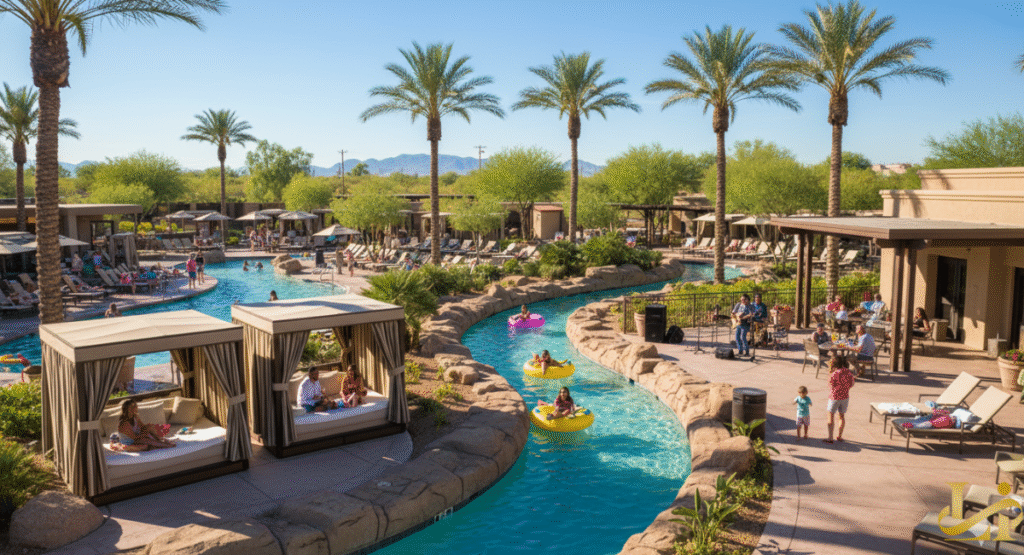 An outdoor view of the Westin Kierland Resort & Spa's water park area, showing guests floating down a lazy river, relaxing in poolside cabanas, and enjoying live music on a patio, all surrounded by palm trees and desert mountains.