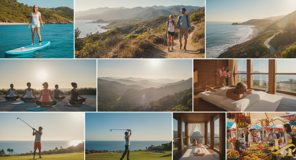 A collage of images showcasing diverse activities and local experiences at Auberge Resorts Collection properties, including paddleboarding, hiking in the mountains, beachfront sunsets, outdoor yoga, golfing with an ocean view, a spa treatment, and a vibrant local market.