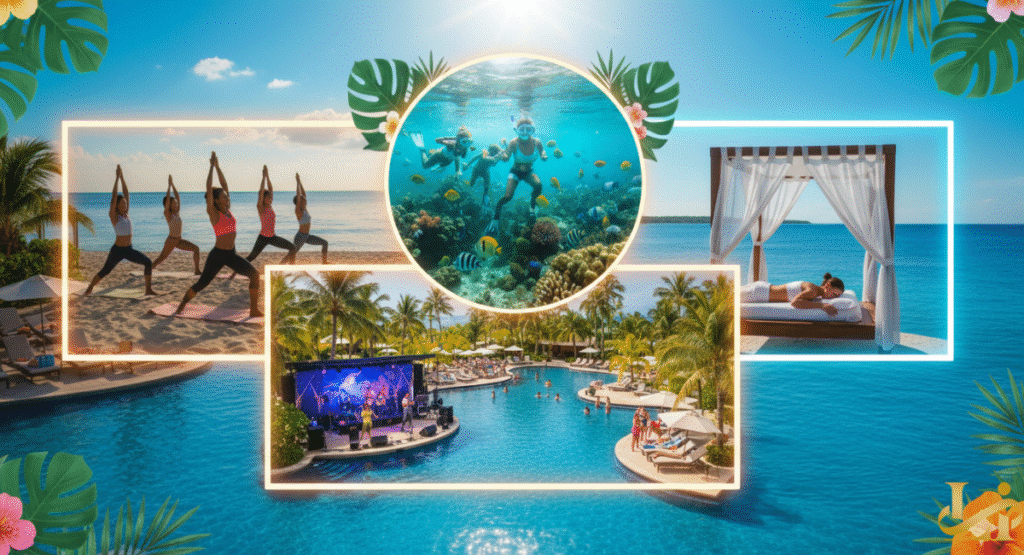 A vertical photo collage showcasing three luxury Mexican resort environments: a beachfront pool and white-sand beach (left), lush, tropical jungle villas with a river (center), and an infinity pool built into a dramatic coastal cliffside (right).