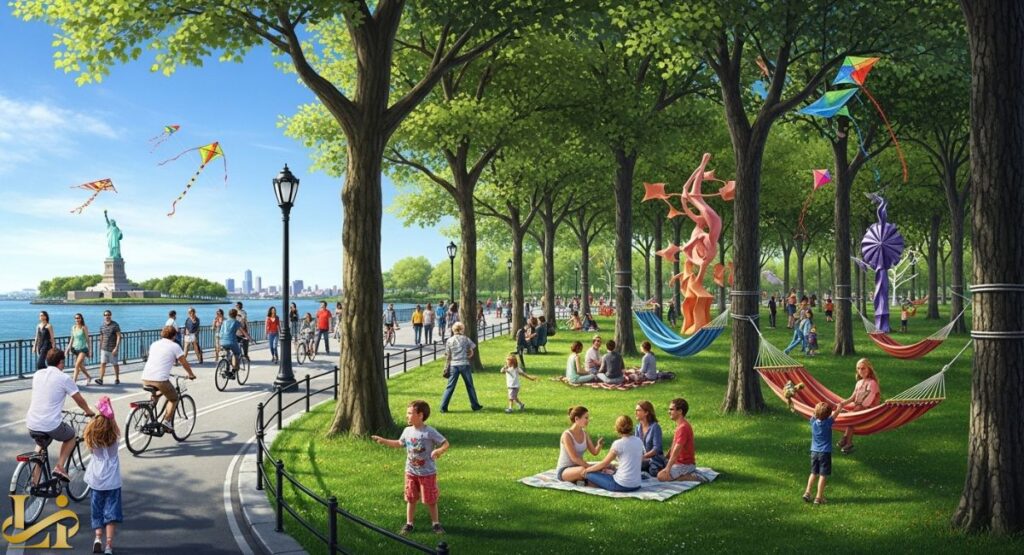 A panoramic view of the recreational activities on Governors Island, showing a sunny park area with people picnicking, relaxing in colorful hammocks, riding bicycles on a paved path, and flying kites.