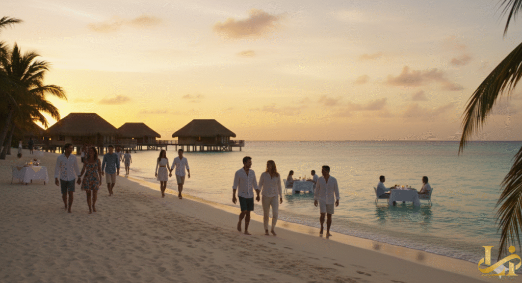 Couples stroll along a white-sand beach at sunset, passing overwater bungalows and tables set for romantic dining right at the water's edge, highlighting the couples-focused luxury of an All-Inclusive Resort in Aruba or similar Caribbean destination.