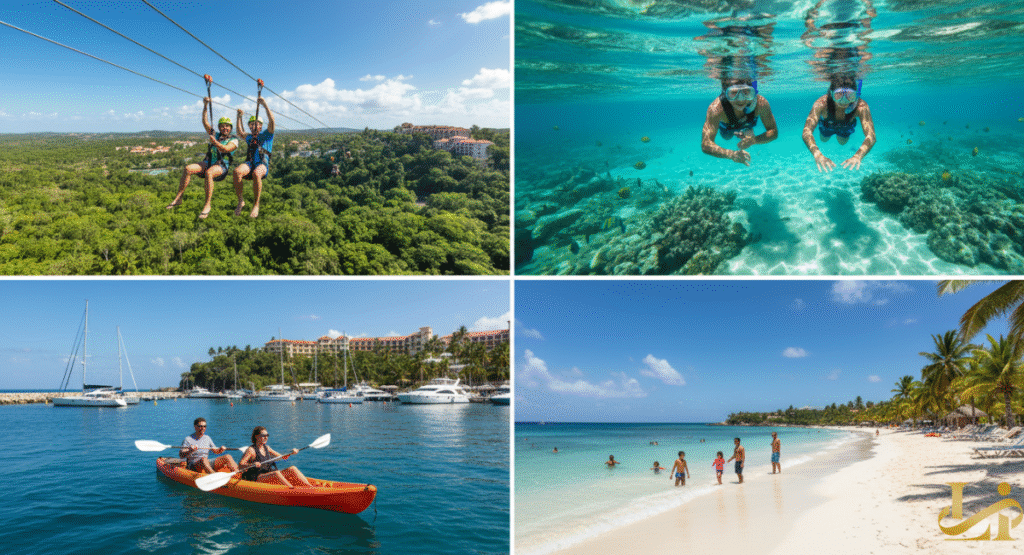 A four-panel collage showing various resort activities: Top left, a couple zip-lining over a forest; Top right, two people snorkeling over a coral reef; Bottom left, a couple kayaking in a marina; Bottom right, a family playing on a white-sand beach.