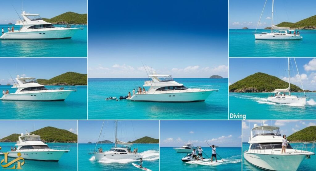 A collage of nine images showcasing various yachting activities around St. Thomas in the Virgin Islands.