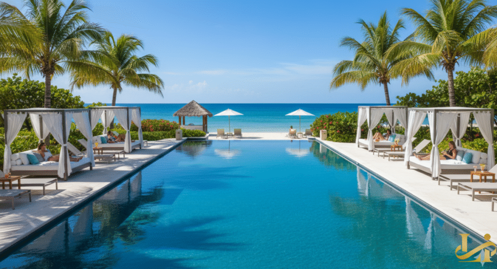 A striking, beachfront infinity pool at the Curaçao Marriott Beach Resort, lined on both sides by luxurious canopied daybeds, with palm trees, a tiki hut, and white umbrellas, facing the pristine white sand and the turquoise Caribbean Sea.