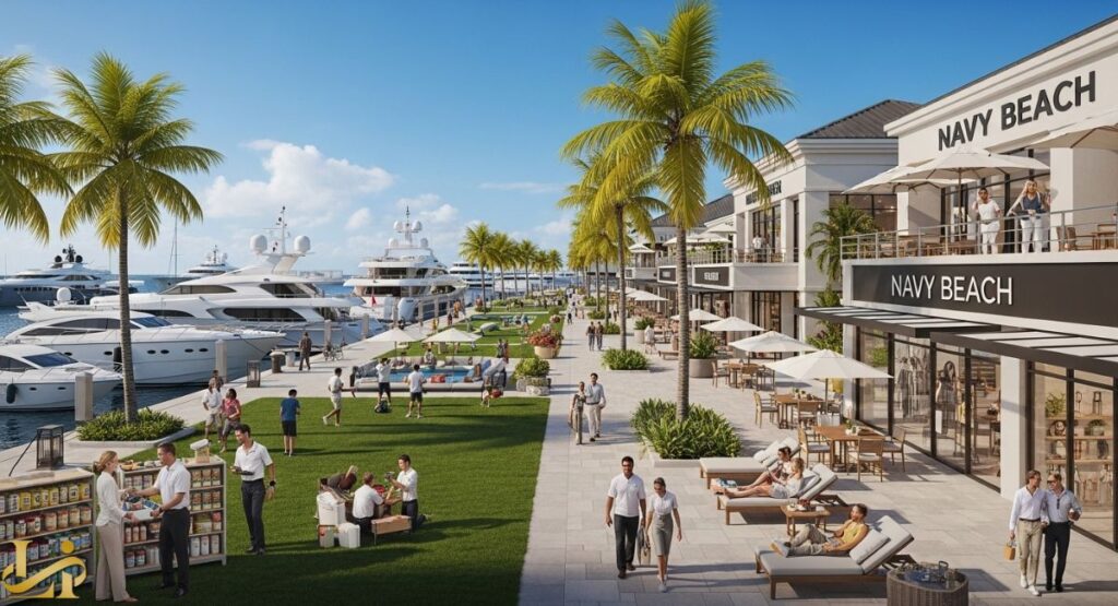 An aerial view of the Yacht Haven Grande Marina, showing a wide, modern promenade lined with palm trees and luxury retail buildings (some labeled "NAVY BEACH"), an outdoor dining area, sun loungers, and a lush green lawn leading to the docks filled with superyachts. People are visible strolling, dining, and shopping.