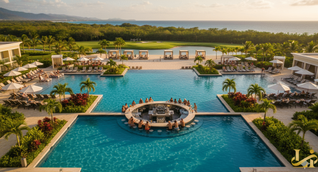 An aerial view of the main pool at the Hyatt Regency Grand Reserve Puerto Rico resort, featuring a large swim-up bar crowded with guests, surrounded by lounge chairs, palm trees, and cabanas, with a golf course and the ocean in the background.
