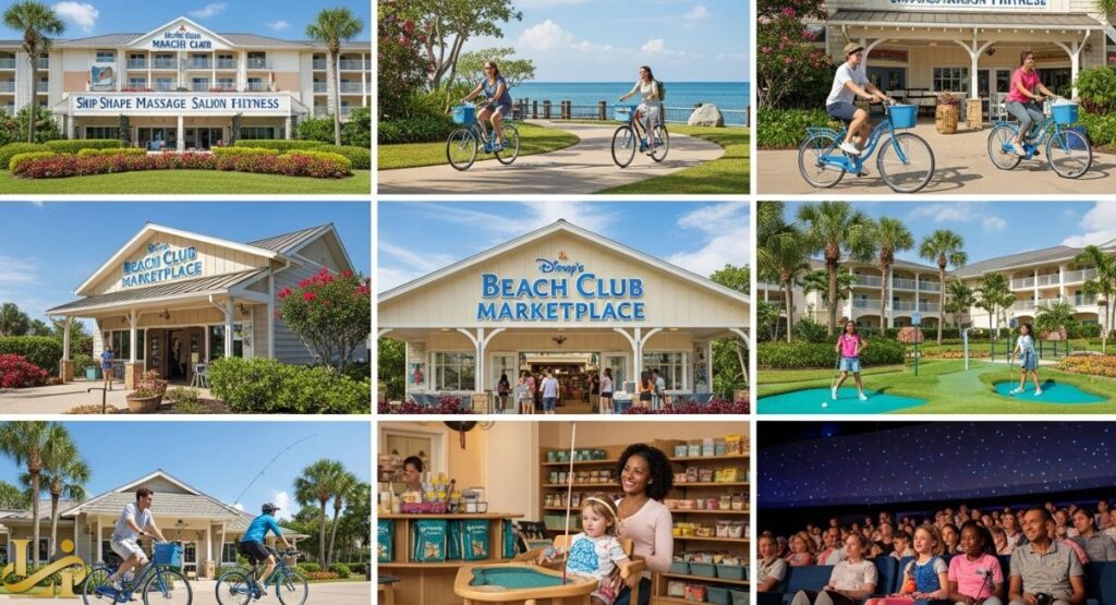 A nine-panel collage showcasing amenities and recreation at Disney's Beach Club Resort, including the "Ship Shape Massage Salon Fitness" building, guests biking outdoors, the "Beach Club Marketplace" shops, a miniature golf course, and an indoor theater experience.