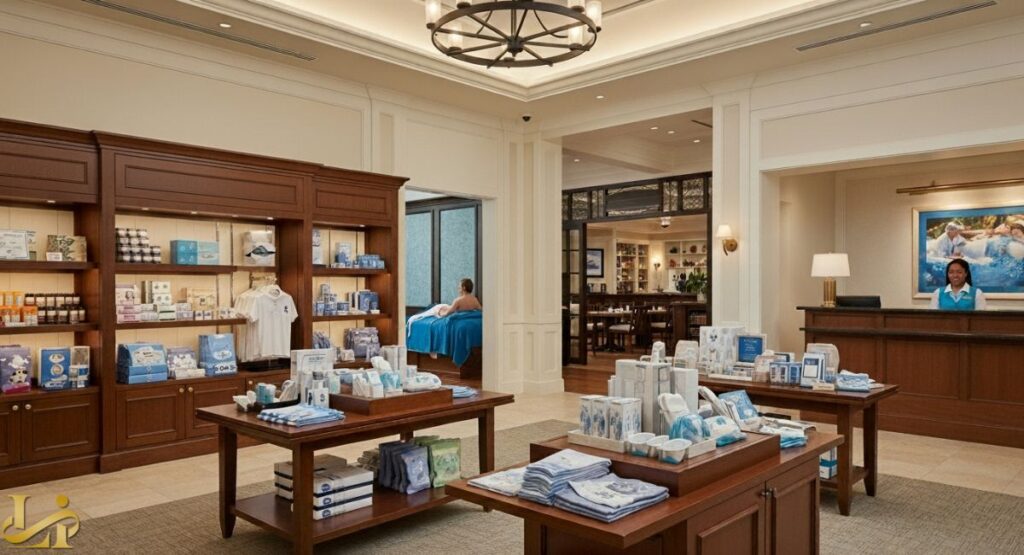 The interior of a high-end resort gift shop and reception area at Disney's Yacht Club, featuring dark wood cabinetry displaying themed merchandise, a concierge desk, and a glimpse into an adjacent dining room.