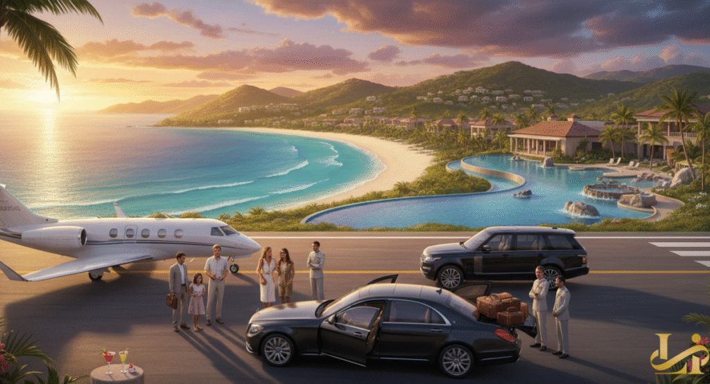 An illustration depicting the luxurious arrival experience at an Auberge Resorts property, showing a private jet on an airport tarmac next to the resort, with a family being greeted by staff and chauffeured vehicles against a backdrop of a tropical beach, ocean, and a resort pool at sunset.