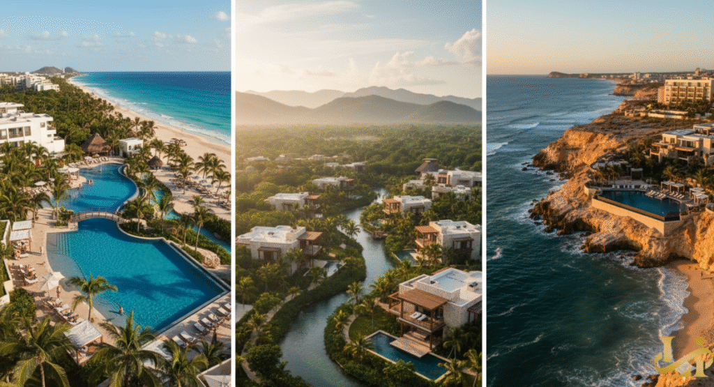 Couples are toasting with colorful cocktails at a swim-up bar that borders a pool, while other guests dine at tables under elegant white cabanas with a backdrop of lush greenery and the turquoise ocean under a bright sky.
