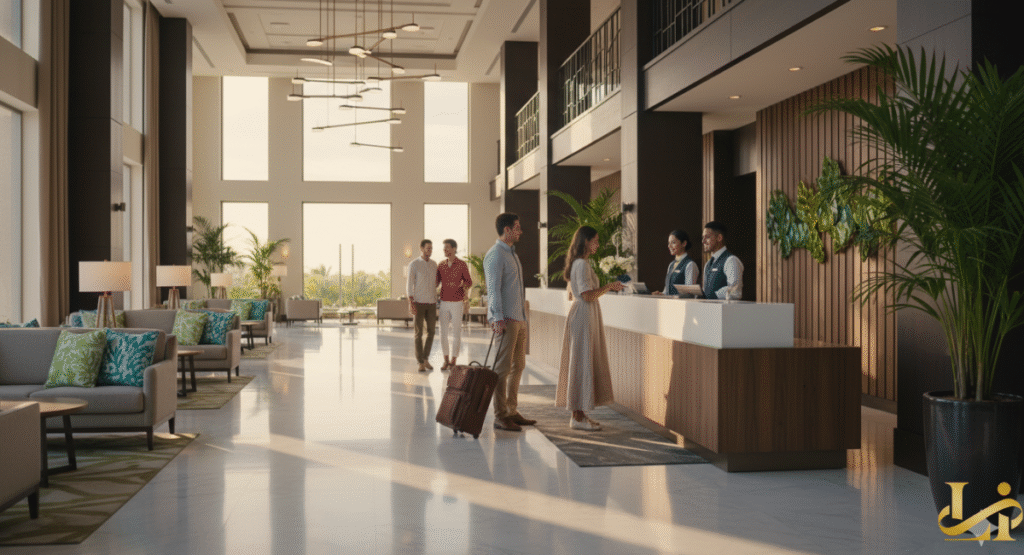 A bright, spacious hotel lobby with high ceilings and large windows, showing a couple checking in at a modern wood reception desk, while two hotel staff members smile. Two men walk past in the background, and the lobby features contemporary furniture and potted tropical plants.