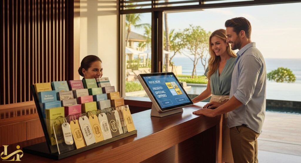 A couple interacts with a resort or hotel staff member at a modern reception desk. They are looking at a digital display that shows options for "BOOK NOW" and "PACKAGES/SPECIAL OFFERS."