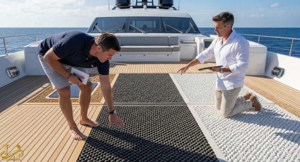 Two men, one kneeling and the other standing, are inspecting and pointing at various yacht deck material samples (one light brown non-skid, one dark gray pebble-textured, one light gray pebble-textured, and one with decorative stone) laid over a light wood-planked deck.