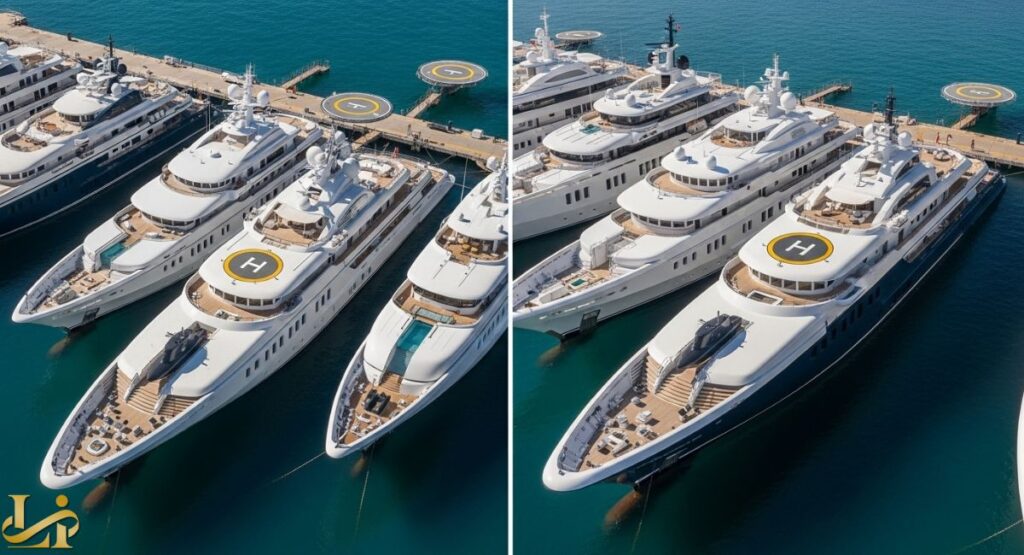 An aerial comparison image of four large white superyachts docked side-by-side at a marina with helipads marked with a yellow 'H'. The leftmost yacht has a dark hull, a helicopter docked near the bow, and a pool deck, distinguishing it from the other white-hulled superyachts and illustrating a comparison with other superyachts in terms of size and deck features.