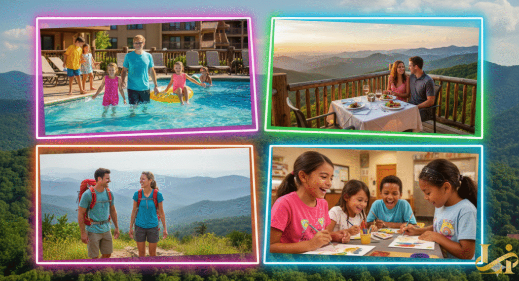 A four-panel collage showing various curated vacation experiences: Top left, a family swimming in a resort pool; Top right, a couple enjoying an elegant outdoor dinner with a mountain view at sunset; Bottom left, a couple hiking on a mountain ridge; Bottom right, children engaged in an art or craft activity indoors.