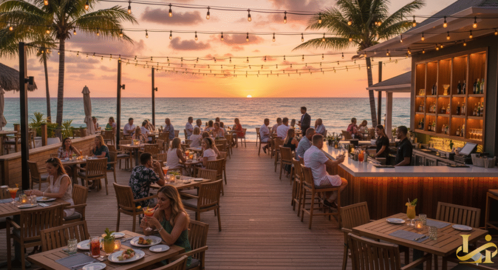 A lively beachfront bar and restaurant at sunset, featuring wooden deck dining tables filled with guests and a brightly lit bar area under hanging string lights and palm trees, showcasing the tropical evening dining experience at Playa Largo Resorts or a similar Keys destination.