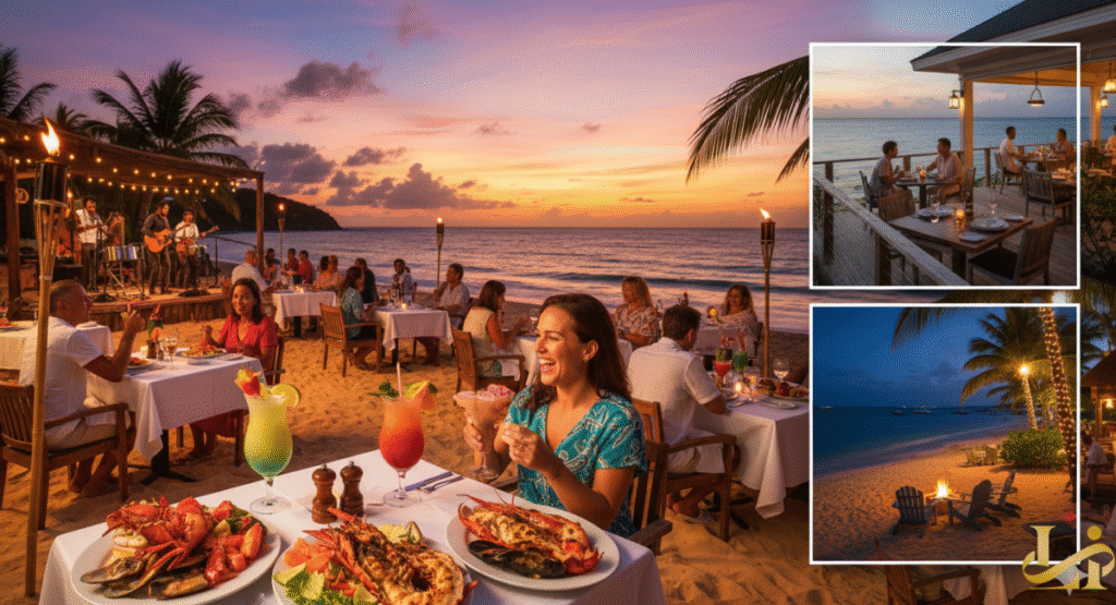 A collage showcasing dining and nightlife at Bolongo Bay Beach Resort, featuring a large beach dinner with guests enjoying fresh seafood, cocktails, live music, tiki torches at sunset, and inset photos of patio dining and a beach bonfire at night.